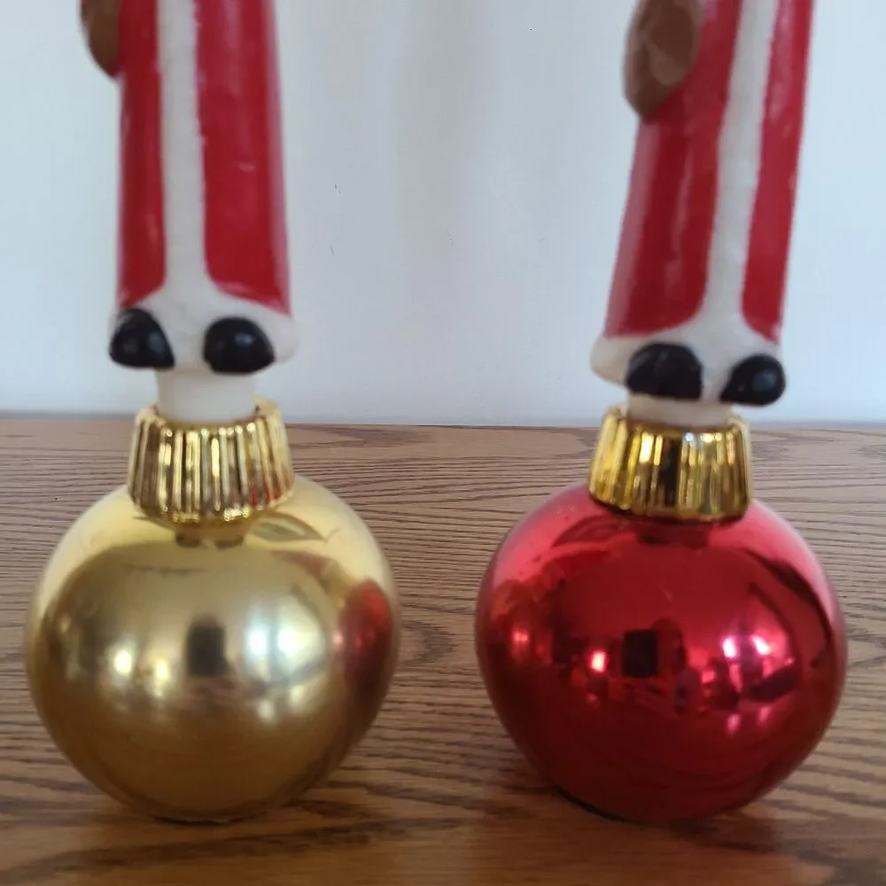 Two Vintage Santa Claus Character Candles In Christmas Ornament Candle Holders